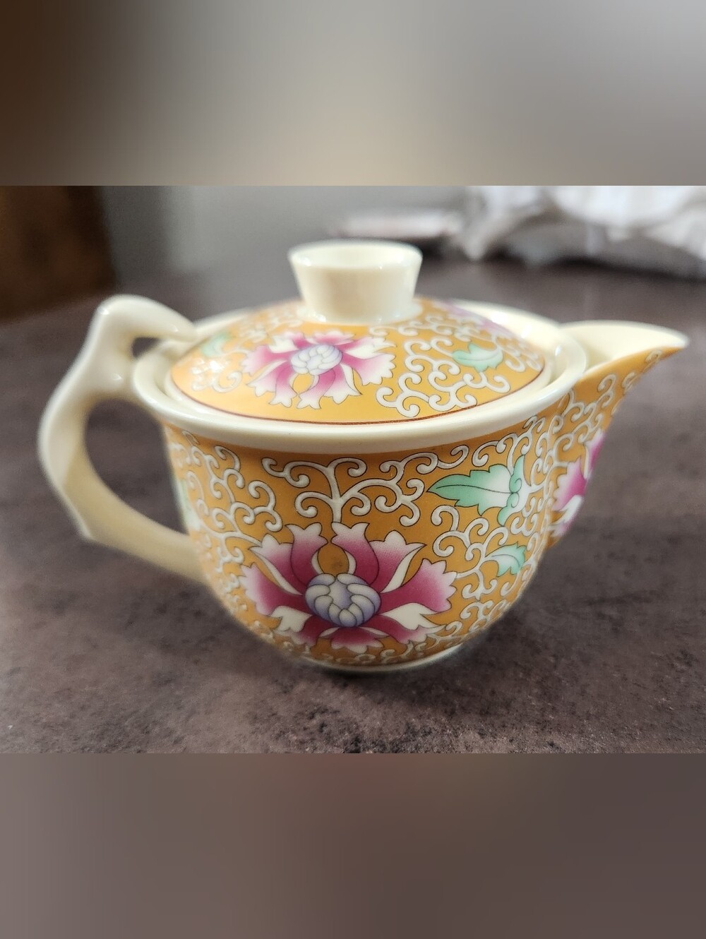Vintage Yellow Porcelain Famille Jaune Chinese Floral Teapot Mid-20th Century